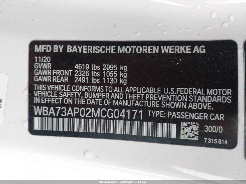 2021 BMW 430I xDrive VIN: WBA73AP02MCG04171 Lot: 44956450