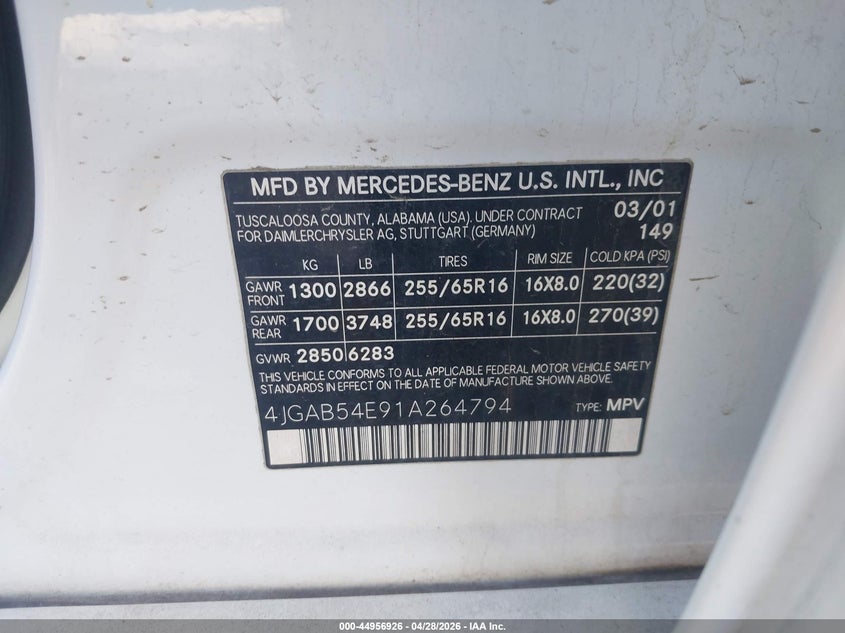 2001 Mercedes-Benz Ml 320 VIN: 4JGAB54E91A264794 Lot: 44956926