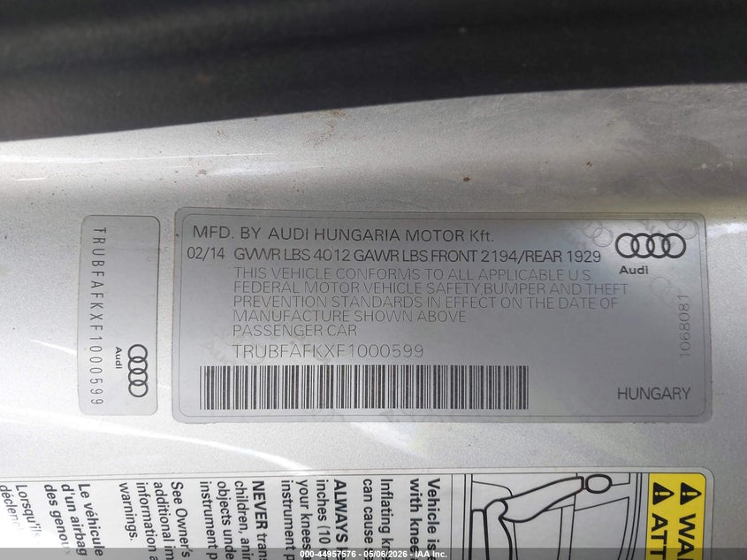 2015 Audi Tt 2.0T VIN: TRUBFAFKXF1000599 Lot: 44957576