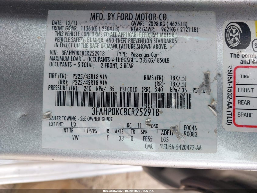 2012 Ford Fusion 3.5 Sport silver Lot 111044957632 Vin 3FAHP0KC8CR252918