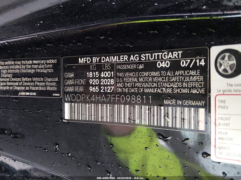 2015 Mercedes-Benz Slk 250 VIN: WDDPK4HA7FF098811 Lot: 44957868