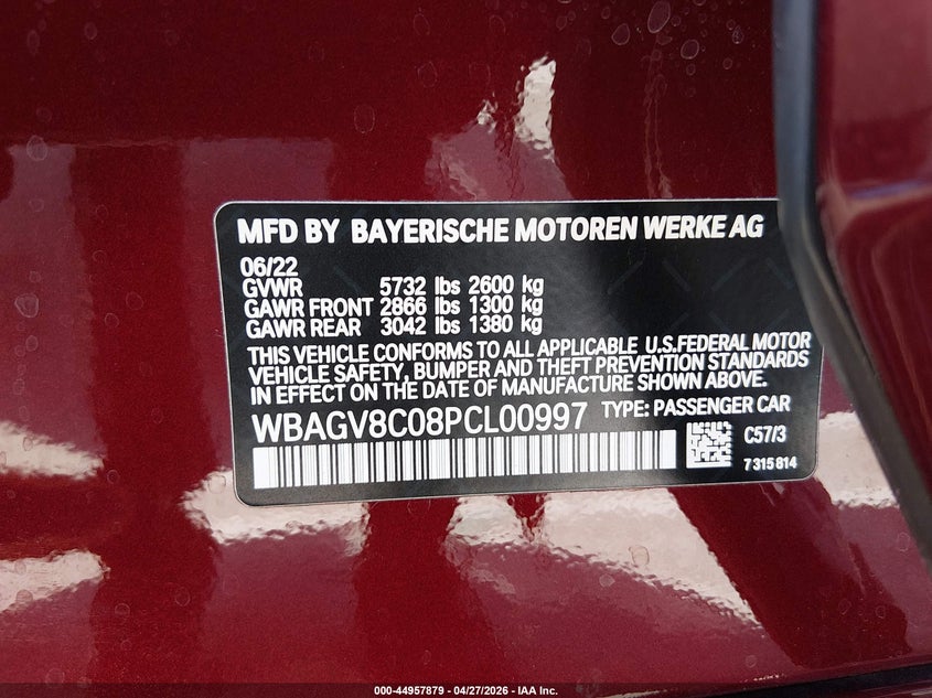 2023 BMW M850I Gtan Coupe xDrive VIN: WBAGV8C08PCL00997 Lot: 44957879