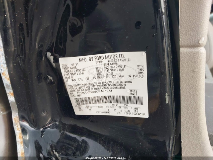 2012 Ford Escape 3.0 Xlt Black Lot 111044958232 Vin 1FMCU0DG8CKA71072