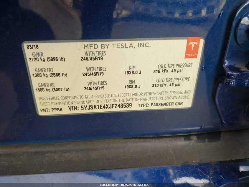 TESLA MODEL S 2018 VIN 5YJSA1E4XJF248539