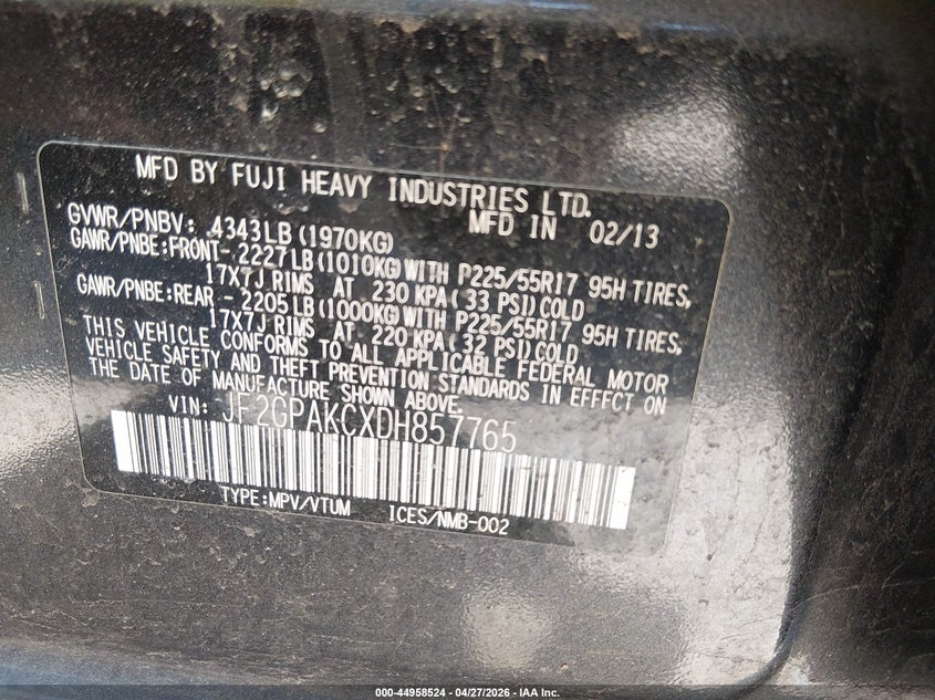 SUBARU XV CROSSTREK 2013 VIN JF2GPAKCXDH857765