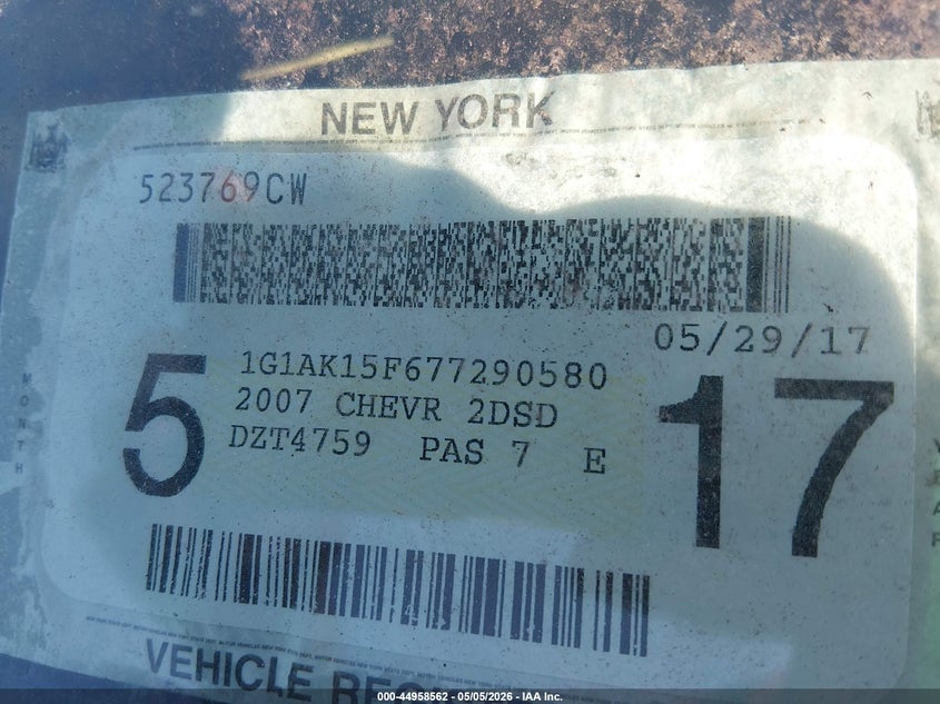 2007 Chevrolet Cobalt Ls VIN: 1G1AK15F677290580 Lot: 44958562