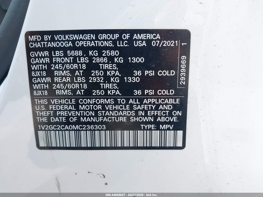 2021 Volkswagen Atlas Cross Sport 2.0T S VIN: 1V2GC2CA0MC236303 Lot: 44958657