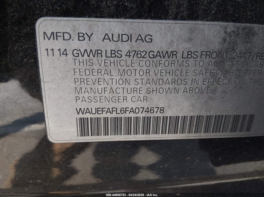 2015 Audi A4 2.0T Premium VIN: WAUEFAFL6FA074678 Lot: 44958753