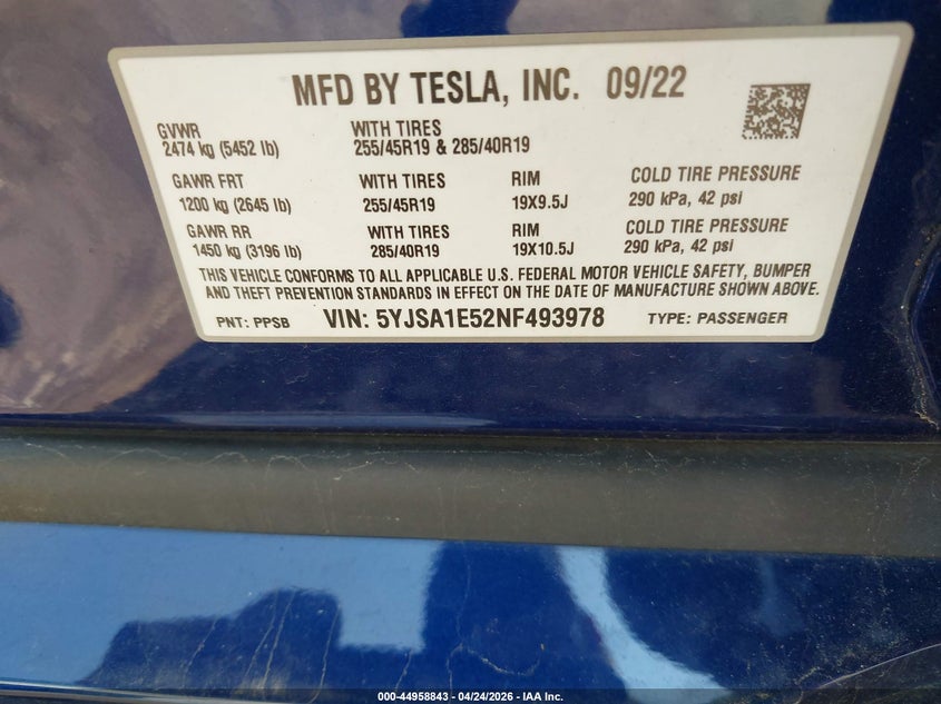 2022 Tesla Model S Dual Motor All-Wheel Drive VIN: 5YJSA1E52NF493978 Lot: 44958843