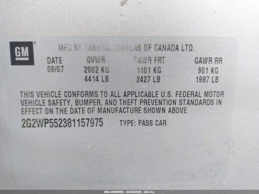 2008 Pontiac Grand Prix VIN: 2G2WP552381157975 Lot: 44958998