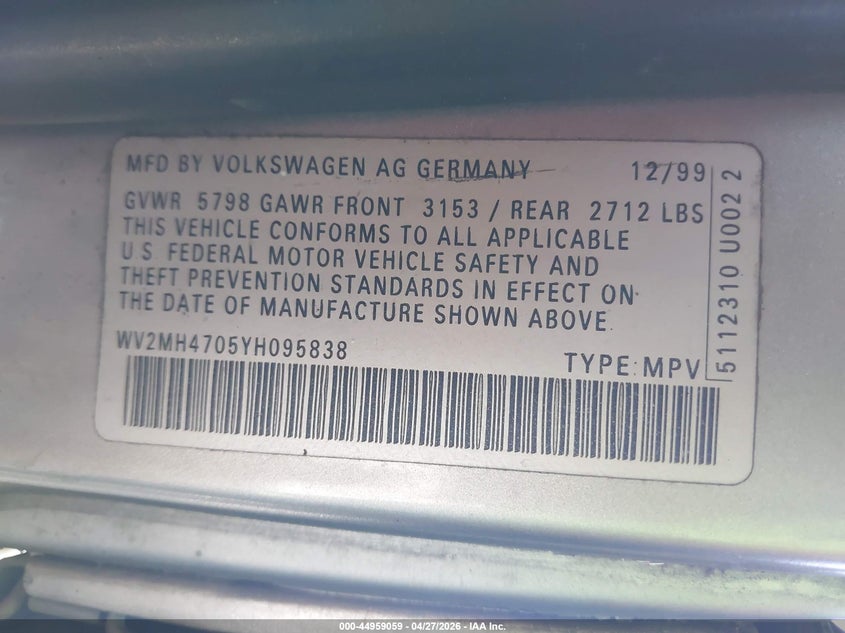 2000 Volkswagen Eurovan Mv VIN: WV2MH4705YH095838 Lot: 44959059