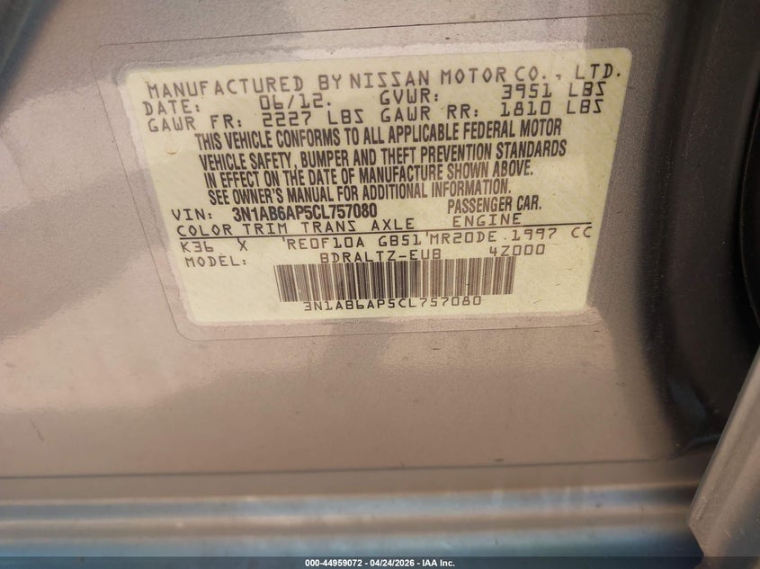 2012 Nissan Sentra 2.0 2.0 S grey Lot 111044959072 Vin 3N1AB6AP5CL757080