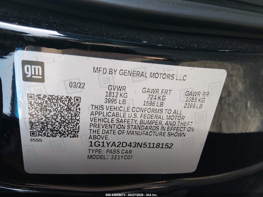 2022 Chevrolet Corvette Stingray Rwd 1Lt VIN: 1G1YA2D43N5118152 Lot: 44959073