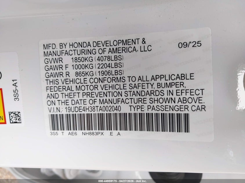 2026 Acura Integra Fwd A-Spec VIN: 19UDE4H38TA002040 Lot: 44959175