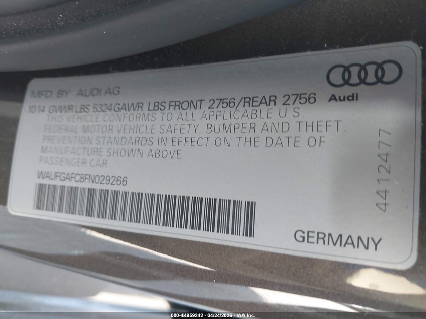 2015 Audi A6 3.0T Premium Plus VIN: WAUFGAFC8FN029266 Lot: 44959242