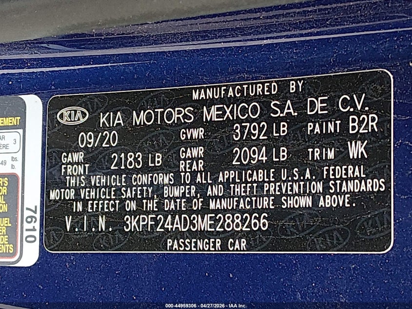 VIN 3KPF24AD3ME288266 2021 KIA FORTE LXS