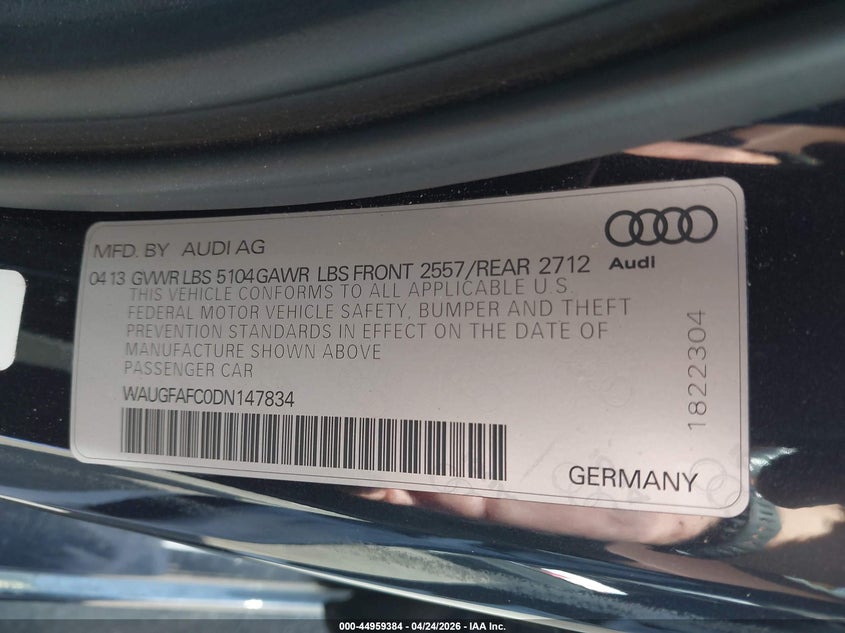 2013 Audi A6 2.0T Premium VIN: WAUGFAFC0DN147834 Lot: 44959384