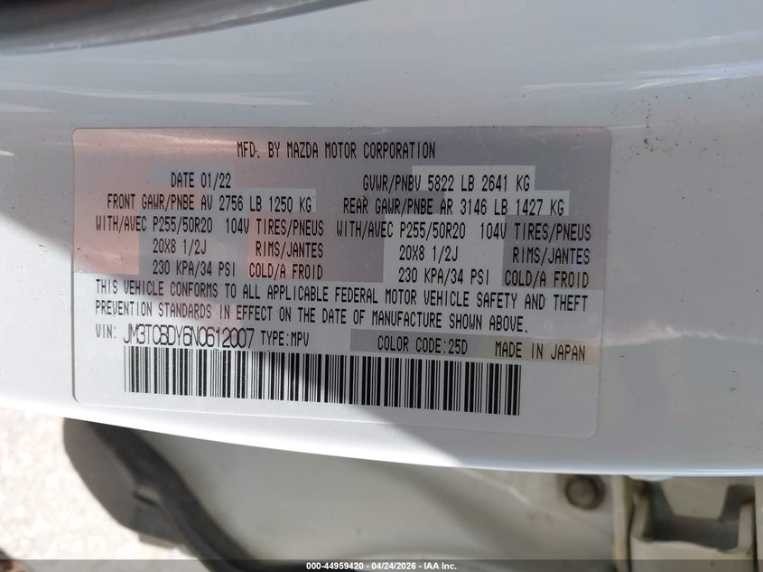 2022 MAZDA CX-9 SPORT UTILITY VEHICLE 2.5L I-4 DI, DOHC, VVT, TURBO, 227HP