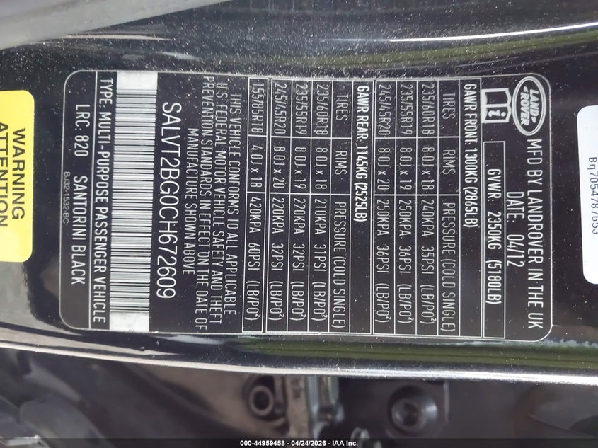 2012 Land Rover Range Rover Evoque Pure Plus VIN: SALVT2BG0CH672609 Lot: 44959458