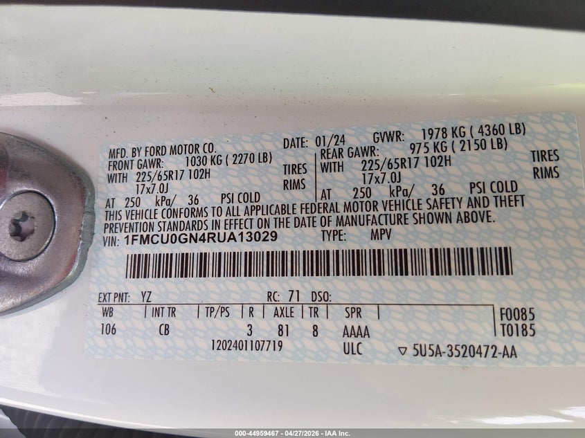 2024 FORD ESCAPE SPORT UTILITY VEHICLE 1.5L I-3 DI, DOHC, VVT, TURBO, 180HP