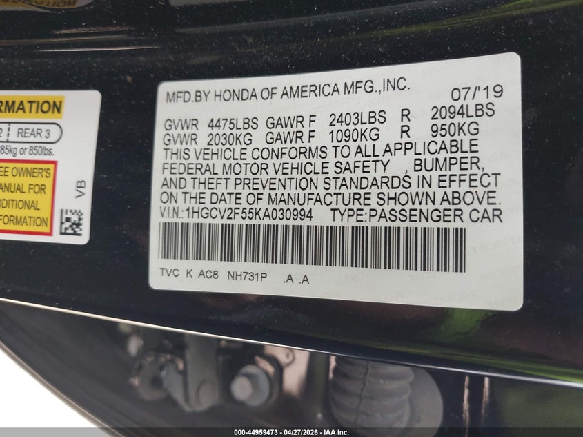 VIN 1HGCV2F55KA030994 2019 HONDA ACCORD EX-L 2.0T