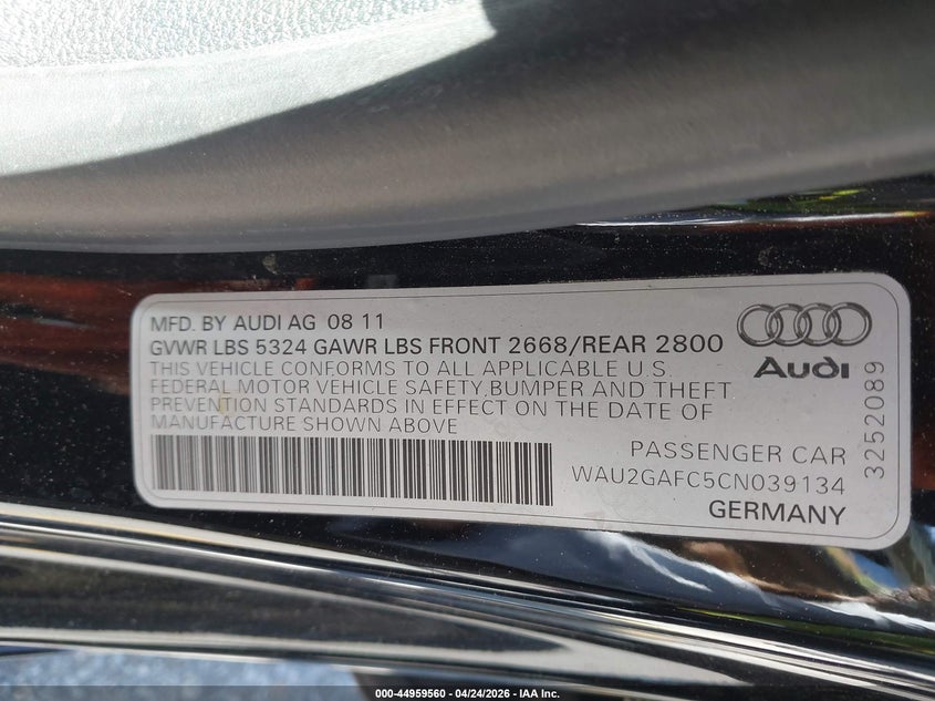 2012 Audi A7 Premium VIN: WAU2GAFC5CN039134 Lot: 44959560