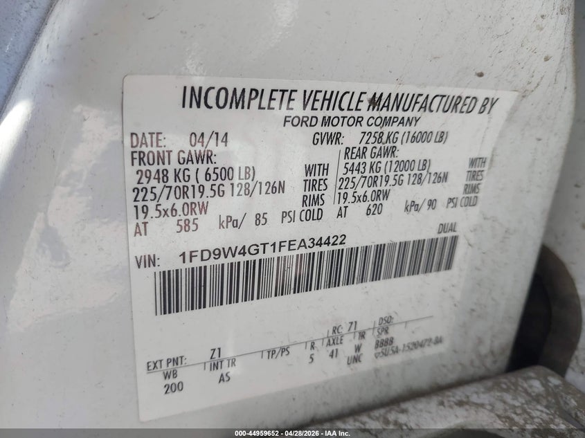 2015 Ford F-450 Chassis Xl VIN: 1FD9W4GT1FEA34422 Lot: 44959652