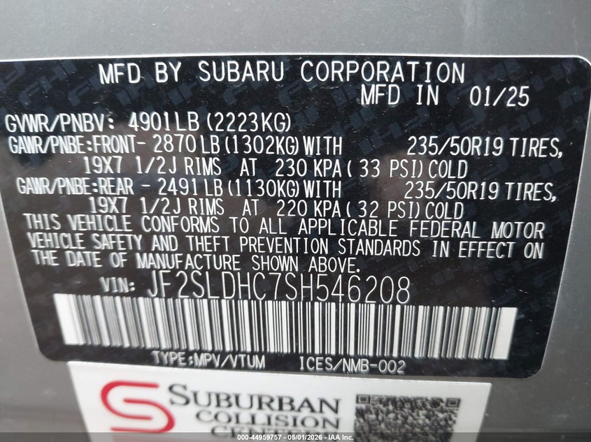 2025 SUBARU FORESTER 2.5L H-4 DI, DOHC, V(VIN: JF2SLDHC7SH546208