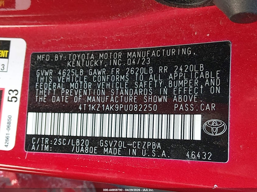 2023 TOYOTA CAMRY 3.5L V-6 DI, DOHC, V(VIN: 4T1KZ1AK9PU082250