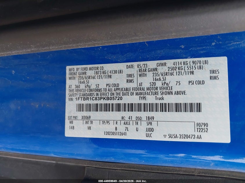 VIN 1FTBR1C83PKB05720 2023 FORD TRANSIT-250