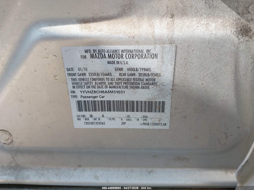 2010 MAZDA 6 SEDAN 2.5L I-4 DOHC, VVT, 168HP