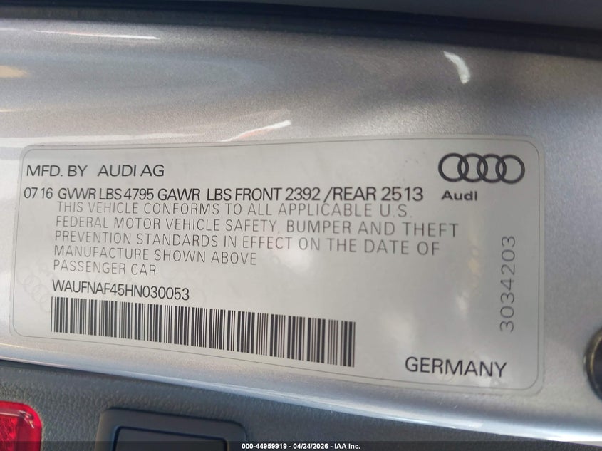 2017 Audi A4 2.0T Premium VIN: WAUFNAF45HN030053 Lot: 44959919