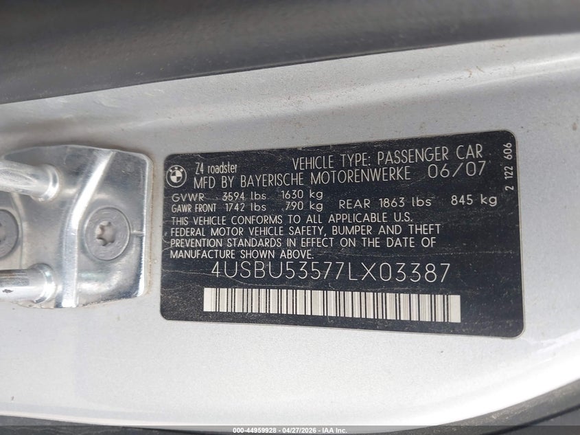 2007 BMW Z4 3.0Si VIN: 4USBU53577LX03387 Lot: 44959928