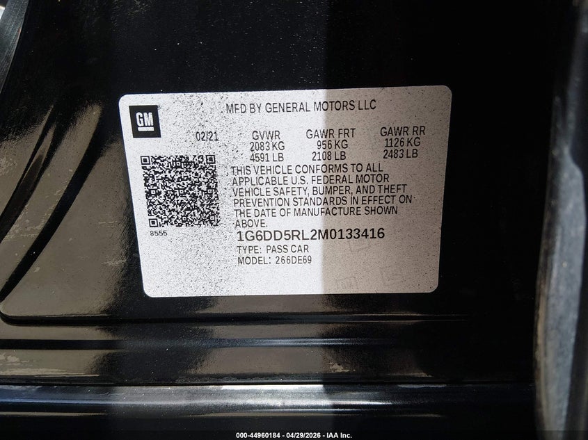 2021 Cadillac Ct4 V-Series VIN: 1G6DD5RL2M0133416 Lot: 44960184