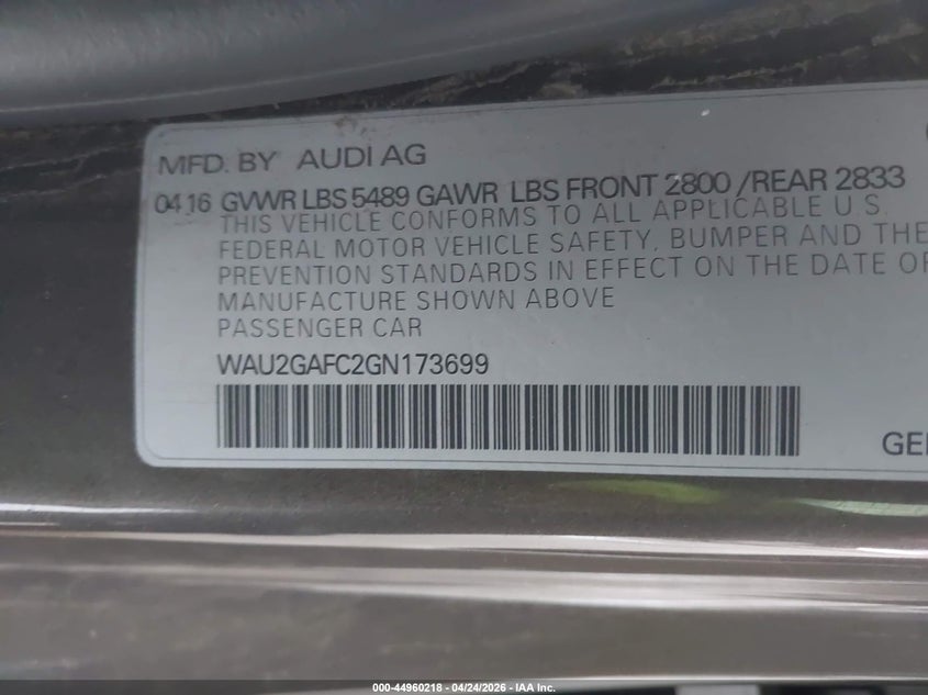 2016 Audi A7 3.0T Premium Plus VIN: WAU2GAFC2GN173699 Lot: 44960218