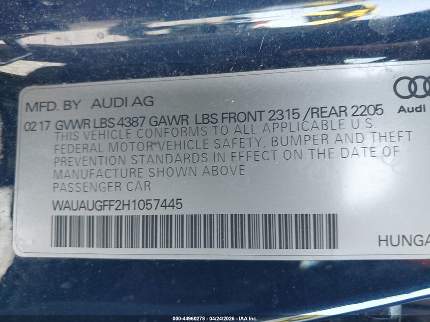 2017 Audi A3 2.0T Premium VIN: WAUAUGFF2H1057445 Lot: 44960278