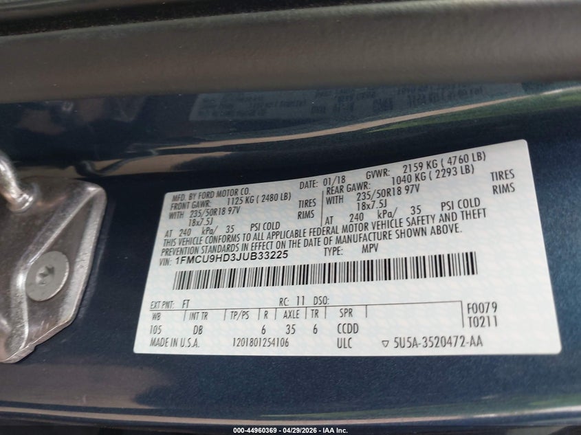 VIN 1FMCU9HD3JUB33225 2018 FORD ESCAPE SEL