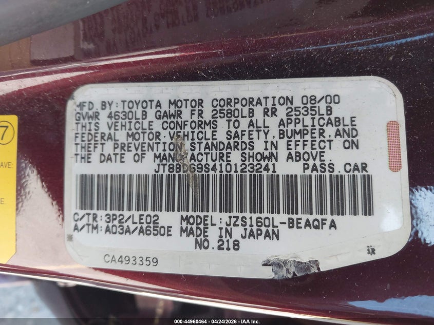 2001 Lexus Gs 300 VIN: JT8BD69S410123241 Lot: 44960464
