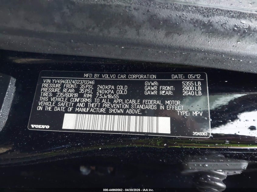 2013 VOLVO XC60 SPORT UTILITY VEHICLE 3.2L I-6 DOHC, VVT, 240HP