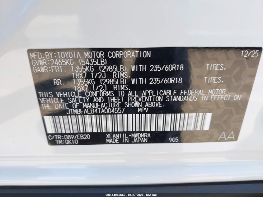 2026 Toyota Bz Xle VIN: JTMBFAEB4TA004557 Lot: 44960662