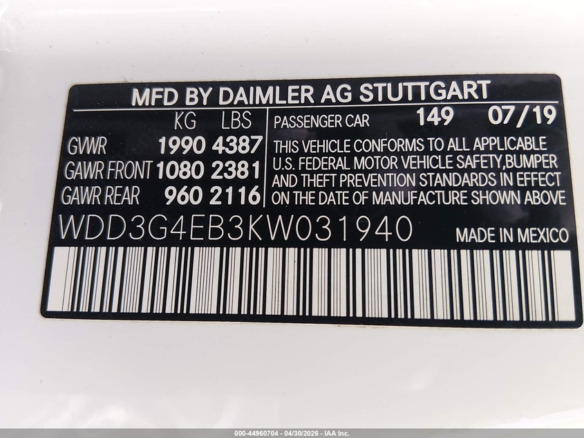 2019 Mercedes-Benz A 220 VIN: WDD3G4EB3KW031940 Lot: 44960704