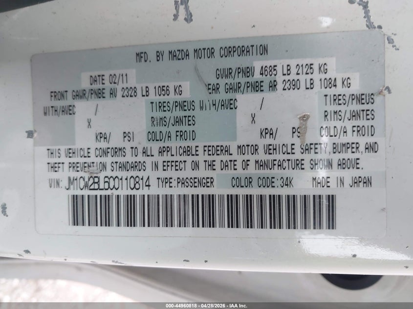 2012 Mazda Mazda5 Sport VIN: JM1CW2BL6C0110814 Lot: 44960818