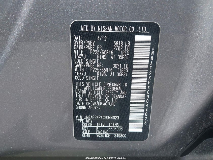2012 Nissan Quest Sv VIN: JN8AE2KPXC9044023 Lot: 44960904