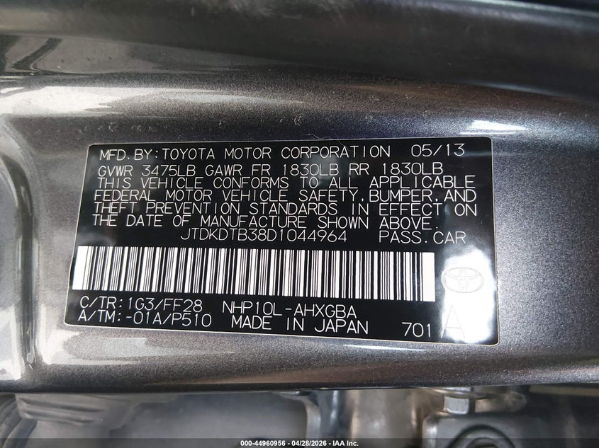 2013 Toyota Prius C Three VIN: JTDKDTB38D1044964 Lot: 44960956