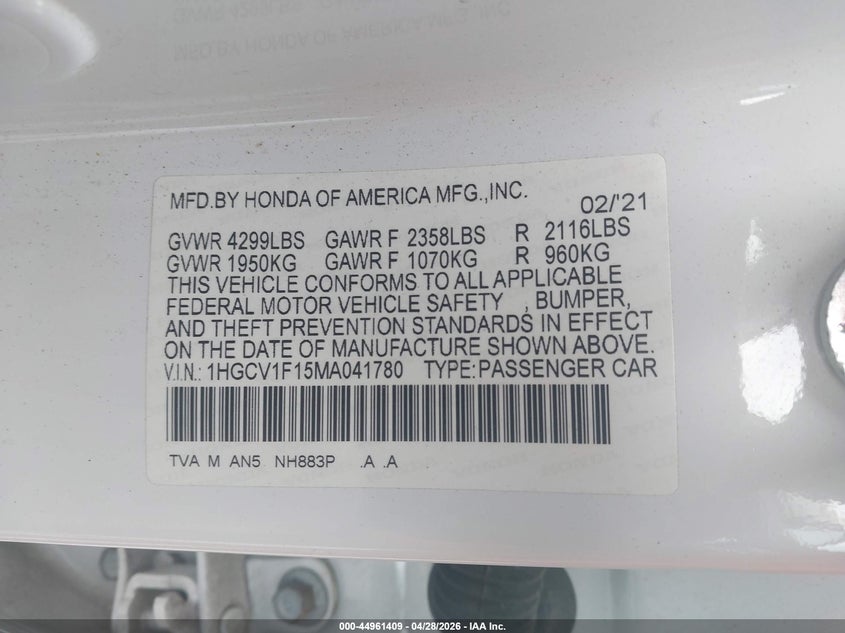 VIN 1HGCV1F15MA041780 2021 HONDA ACCORD LX