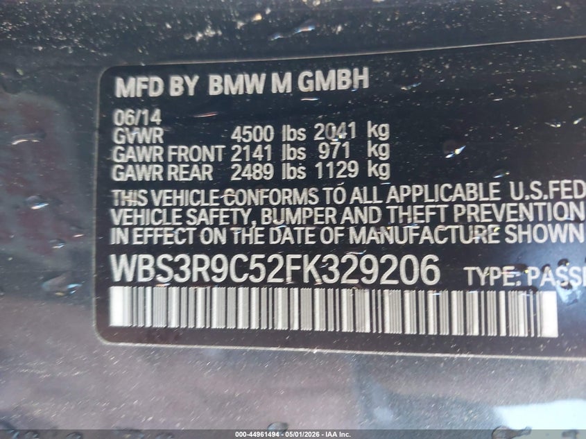 2015 BMW M4 VIN: WBS3R9C52FK329206 Lot: 44961494