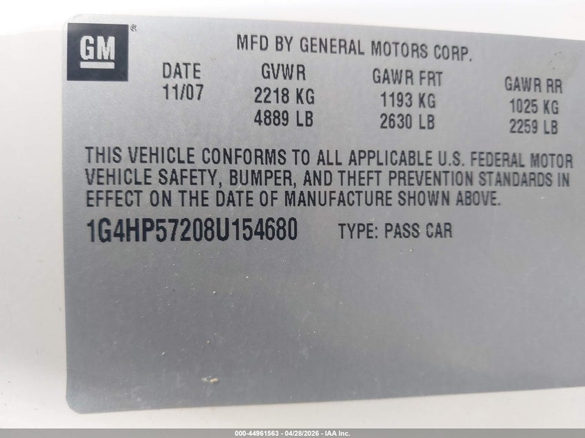 2008 Buick Lucerne Cx VIN: 1G4HP57208U154680 Lot: 44961563