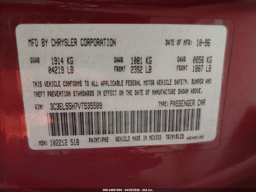 1997 Chrysler Sebring Jxi VIN: 3C3EL55H7VT535589 Lot: 44961580