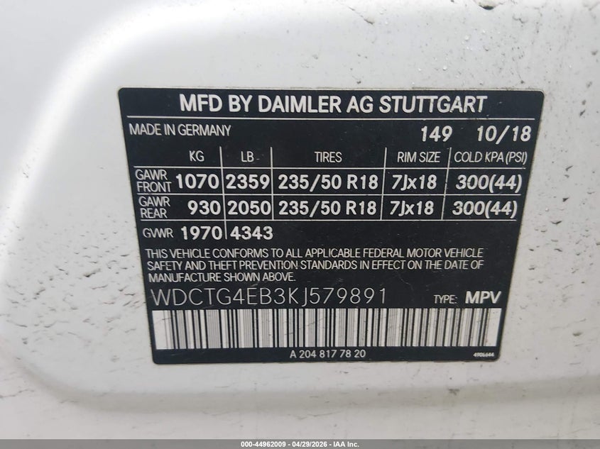 2019 Mercedes-Benz Gla 250 VIN: WDCTG4EB3KJ579891 Lot: 44962009