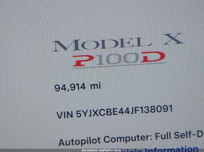 2018 Tesla Model X 100D/75D/P100D VIN: 5YJXCBE44JF138091 Lot: 44962244
